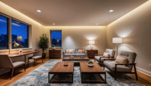 Modern living room with LED lighting, two sofas, a desk, and large windows showcasing a nighttime city view.