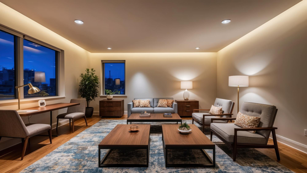 Modern living room with LED lighting, two sofas, a desk, and large windows showcasing a nighttime city view.