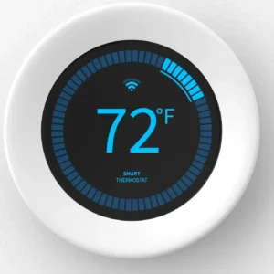 A front-facing view of a smart home thermostat, highlighting the smart thermostat benefits for your home. Expert furnace, AC, and smart thermostat installation in Southeast, ID by Advanced Home Services.