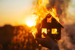 Picture of a person holding a small house model up to the setting sun; the small house model is on fire, symbolizing the dangerous electrical fire hazards that require professional electrical inspection